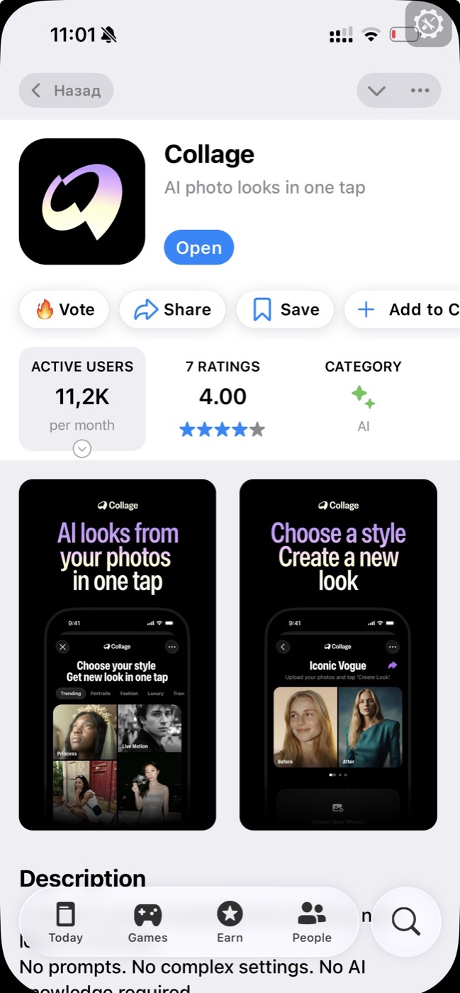 @appss store app page: Collage, AI photo looks in one tap